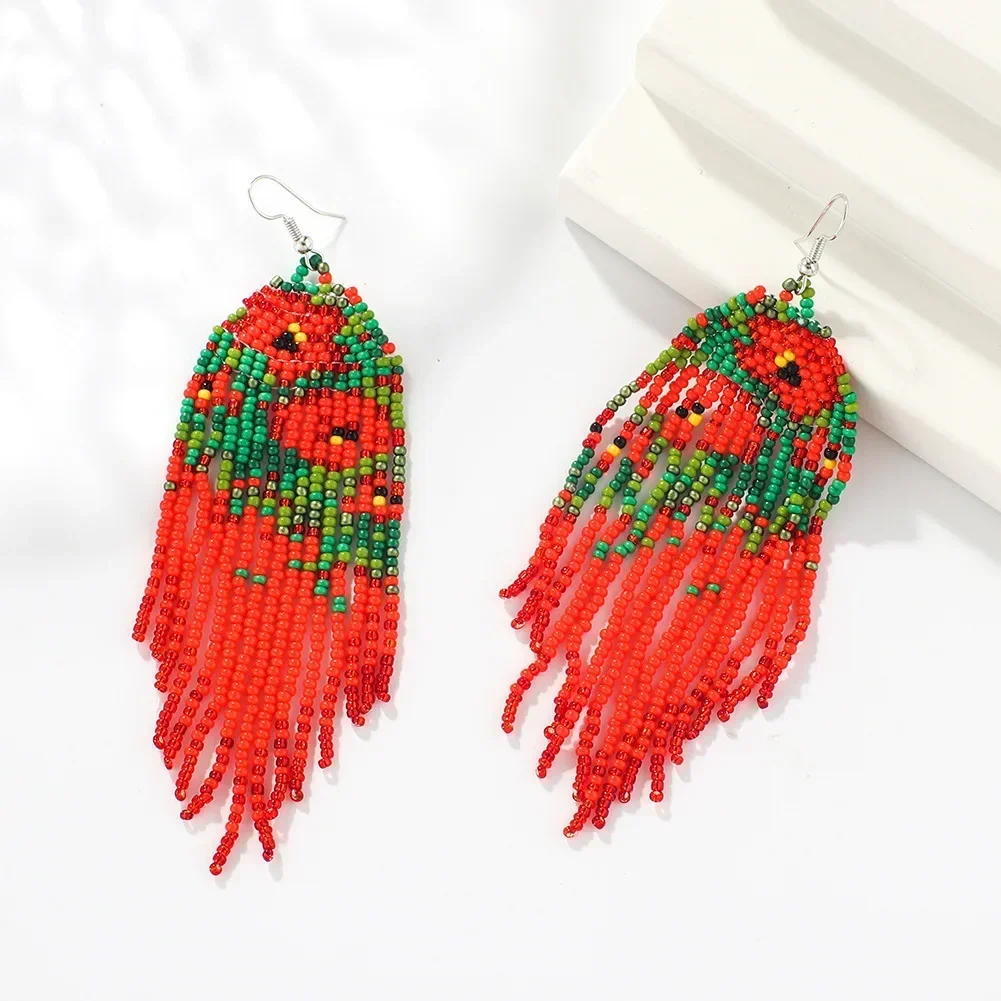 Beaded earrings Tassel lotus Design Red Hand knitting Bohemia Alloy Flowers Originality Simple Trend Female Rice bead earrings