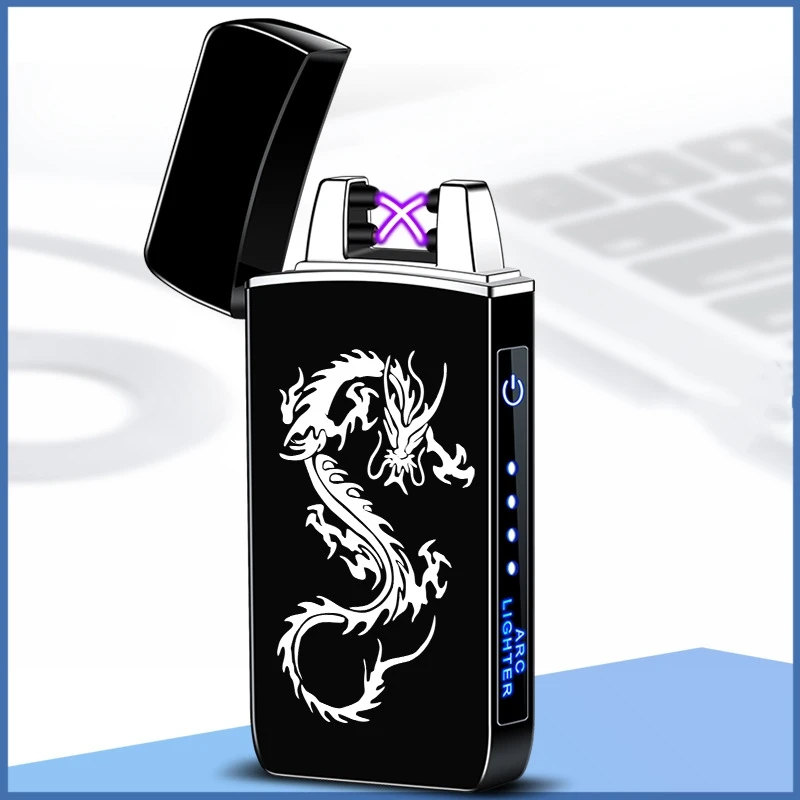 

Новая Металлическая плазменная ветрозащитная импульсная зажигалка с двойной дугой и USB-зарядкой Светодиодный источник питания с сенсорным экраном для улицы сигар мужские подарки