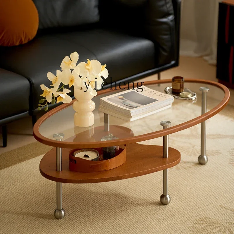 HSN woodwork, peach glass coffee table, medium and ancient style small apartment oval retro tempered glass cherry wood low table