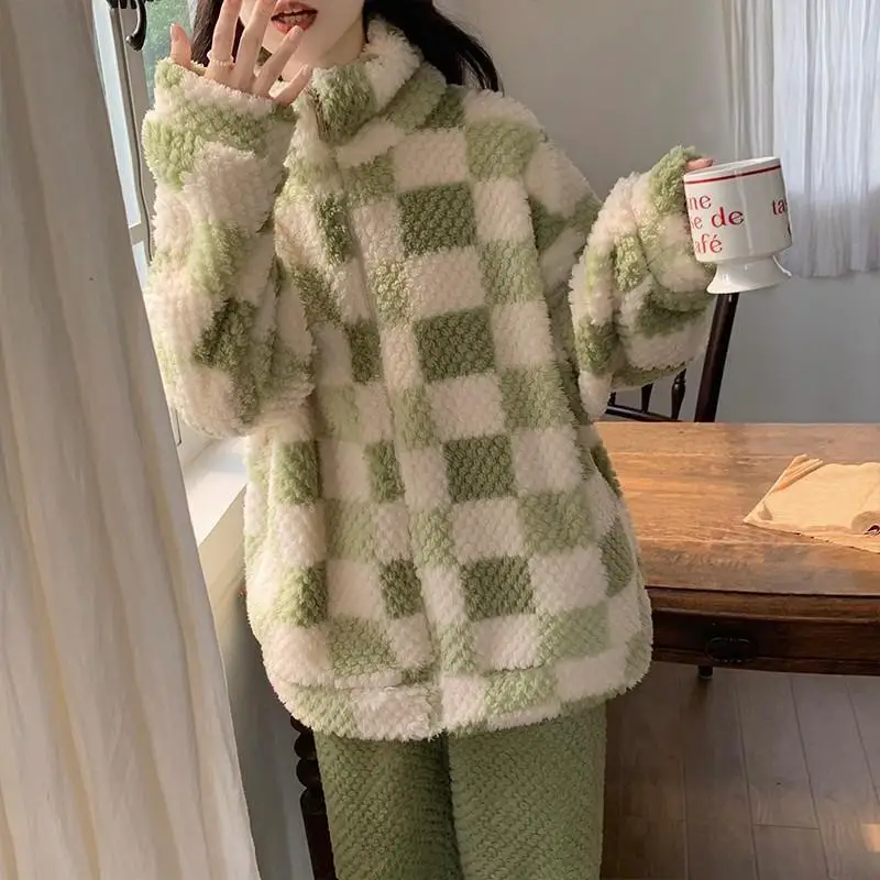 Pigiama a griglia da donna Set di abbigliamento per la casa Pigiama Autunno Inverno Ragazza Studente Nuova cerniera Foderato in pile Addensato Indossabile come capispalla