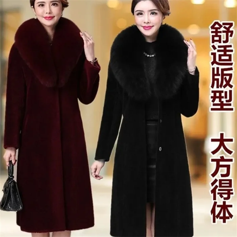 Mink Fur Coat Women Winter Thickened Fox Fur Collar Anti Fur Coat  Long Mink Fur For Middle-Elderly Mothers Fur Outwear Purple