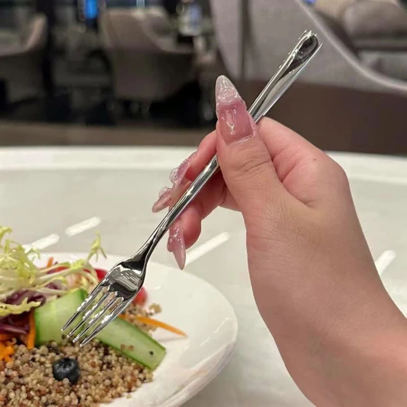 ~Stainless Steel Dinner Fork Long Handle Table Forks Set Korean Cutlery Four Tine Salad Dessert Fruit Forks Kitchen