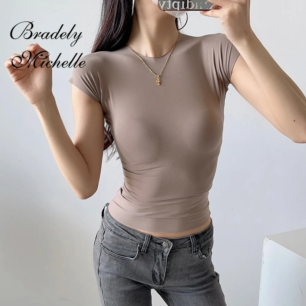 Round Neck Summer New Solid Women Short Sleeve Tops Sexy Pullover Bottoming Blouses T-shirt