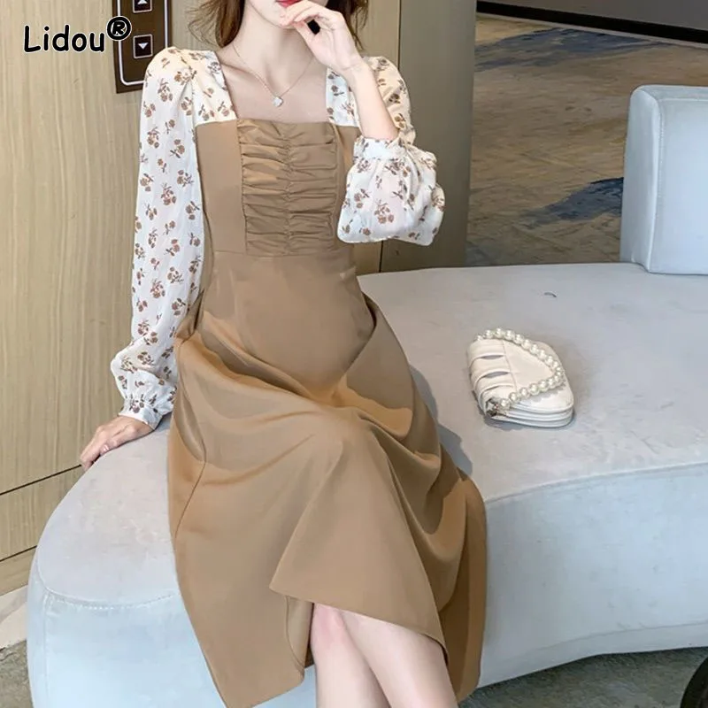 Chiffon Empire Patchwork Floral Dresses Sequare Collar Mid-calf Office Lady Folds Spring Summer Women's Clothing Gentle Style