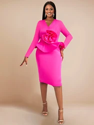 3D Flower Midi Dresses Fuchsia V Neck Long Sleeve High Waist Peplym Ruffles Packge Hip Women Evening Cocktail Party Event Gowns