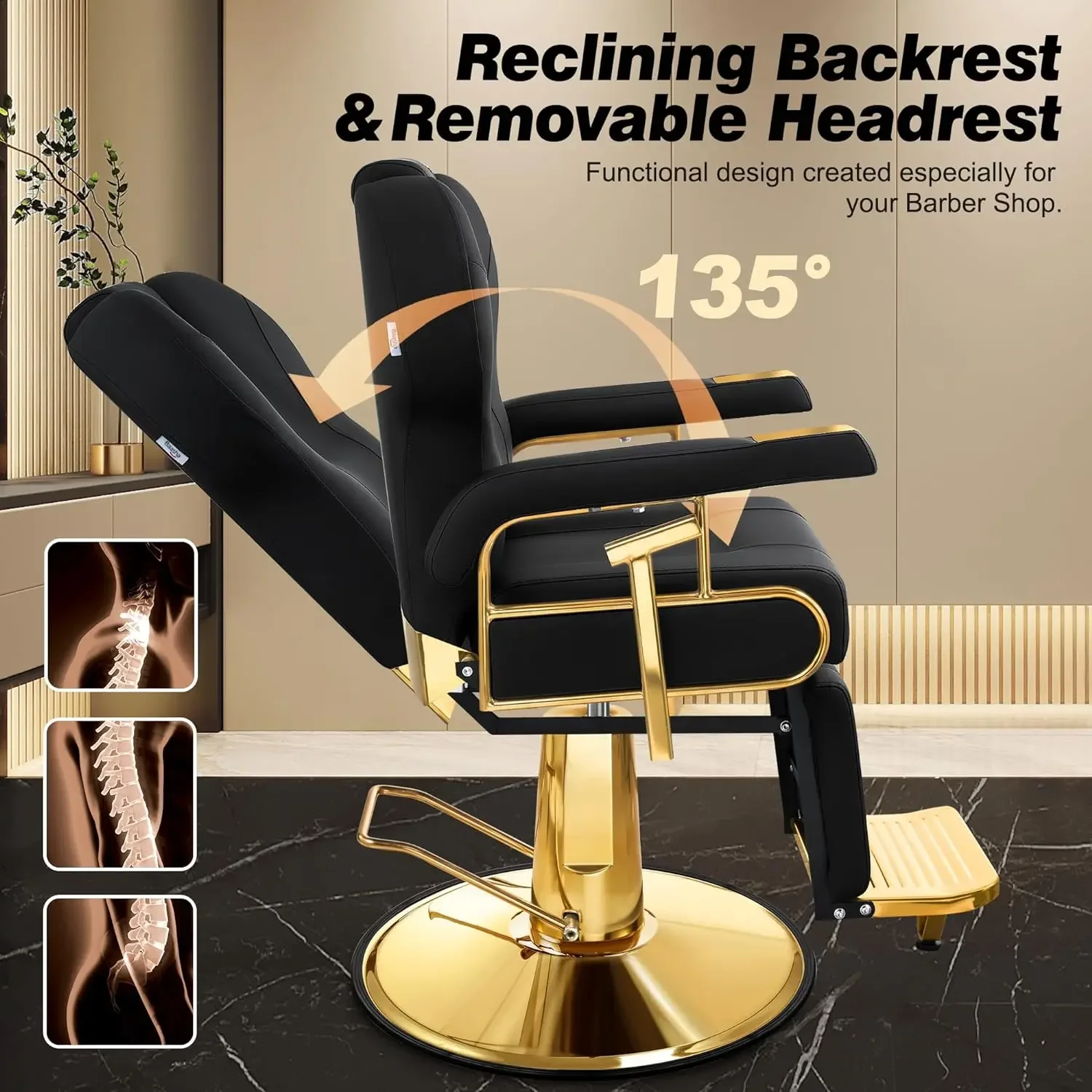 Silla de salón reclinable profesional con respaldo ajustable, elegante silla de barbero negra y dorada con marco de acero resistente