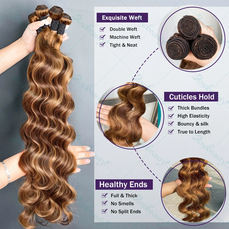 女性のためのブラジルの自然なヘアエクステンション,ボディウェーブ,ハニーブロンド,ハイライト,織り,4バンドル,27バンドル,100% 人毛,2バンドル,4バンドル