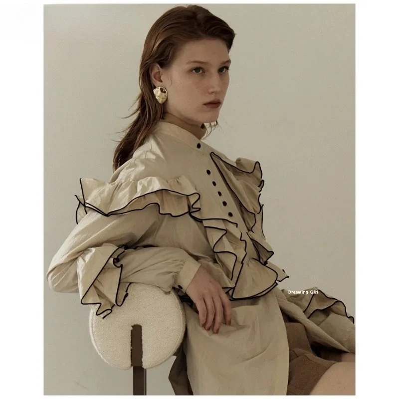 Japanse stijl lente en herfst nieuwe kanten rand vetersluiting single-breasted shirt zoete meisjes veelzijdige effen kleur lange mouw top