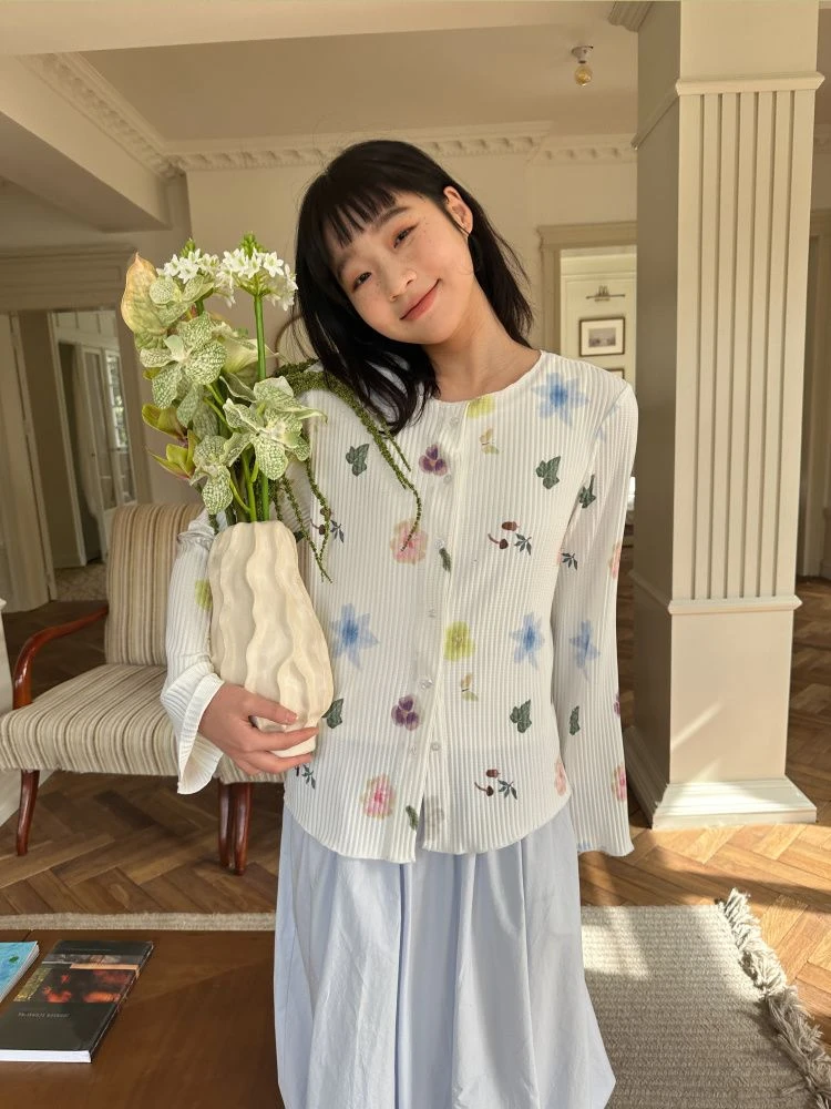 

Милые плиссированные рубашки с принтом, женские нежные тонкие топы с круглым вырезом и длинными рукавами, повседневная универсальная блузка в корейском стиле Camisa