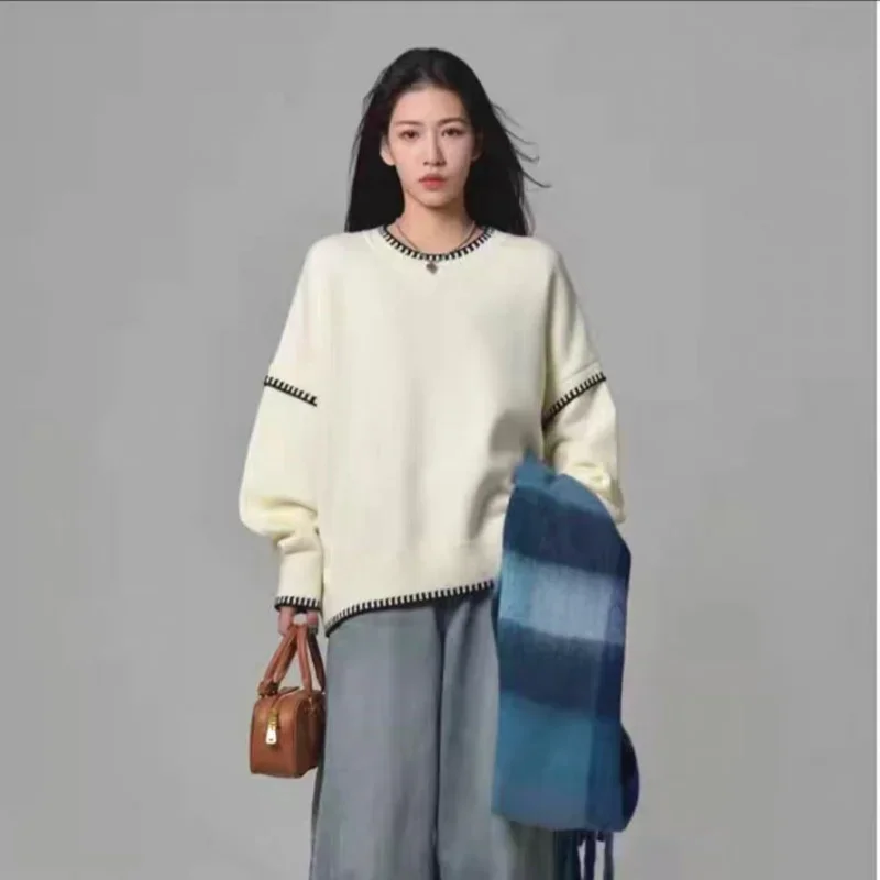 

Fashion women's sweater high-quality pure wool knitted pullover long-sleeved autumn winter O-neck loose version cashmere sweater