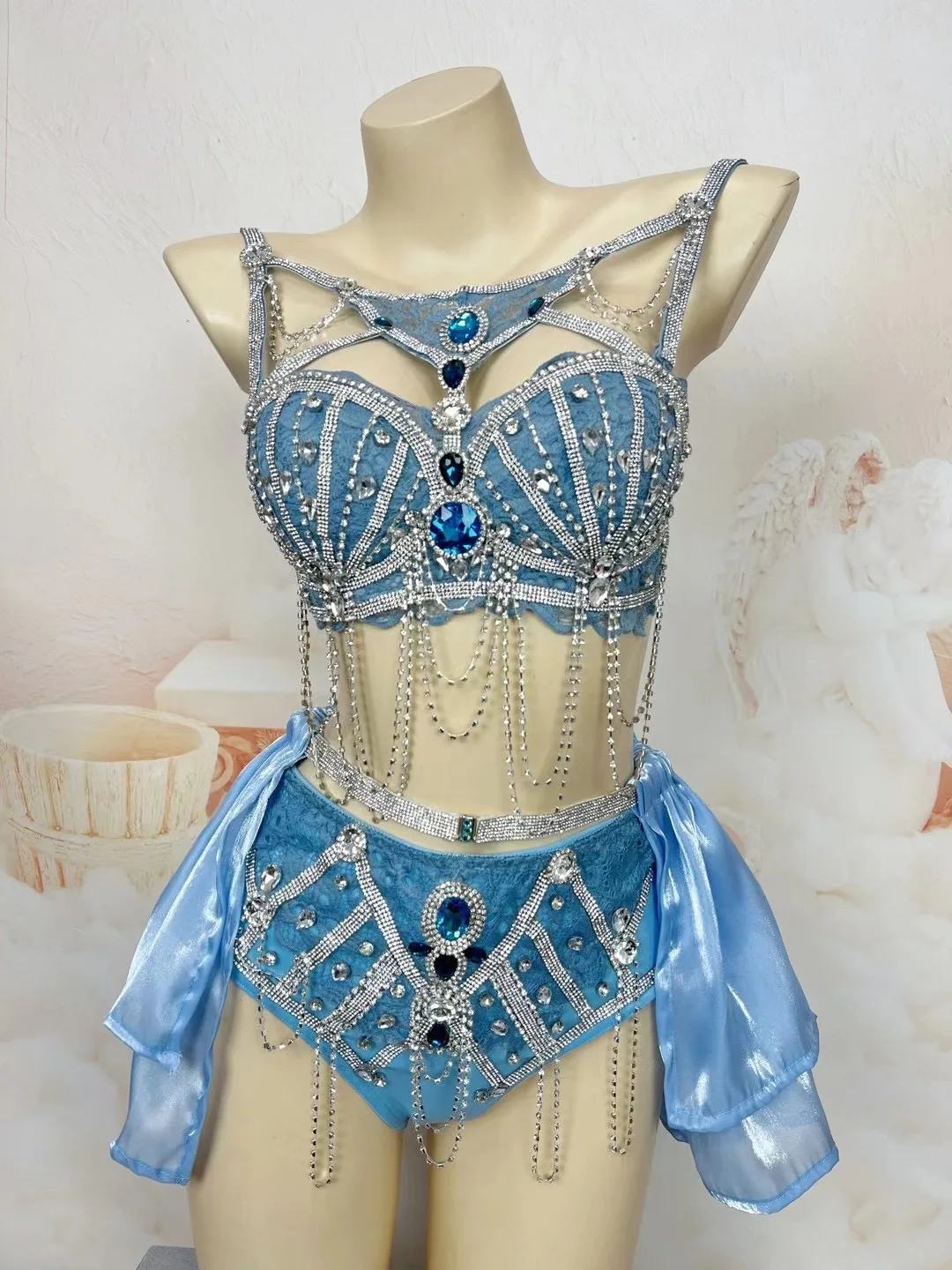 New Women Gogo Dance Outfits Blue Shiny Jewel Bikini Suit Nightclub Bar Dj Costumes Sexy Pole Dance Performance Wear