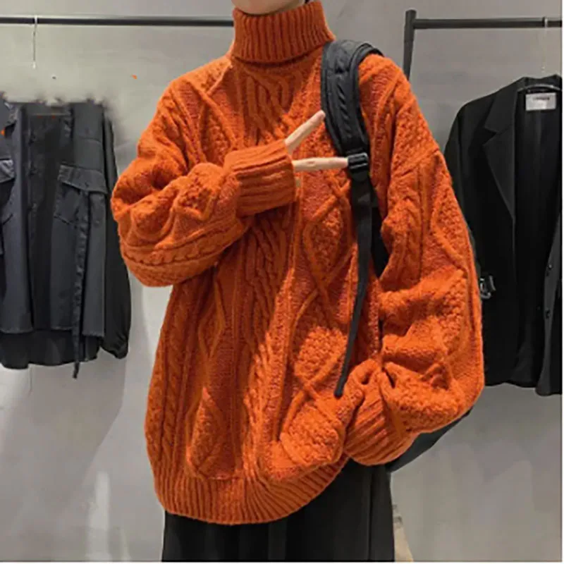 Fashion Solid Color Turtleneck Knitted All-match Korean Sweater Men's Clothing 2022 Autumn New Casual Pullovers Loose Warm Tops