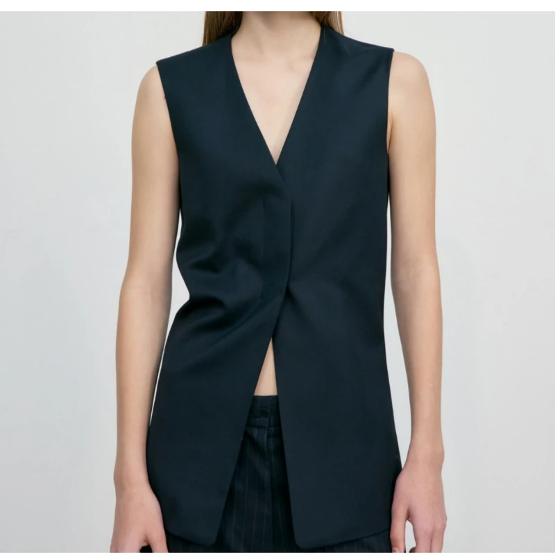 25 year spring/summer new minimalist high-end black sleeveless V-neck waist cinched vest