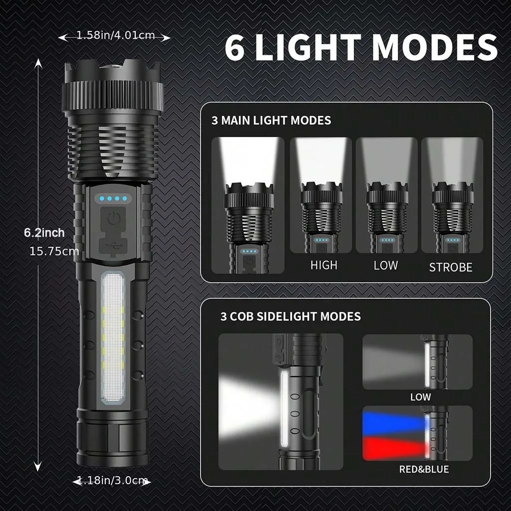2/1Pcs Super Bright LED Flashlight USB Rechargeable COB Side Light Zoomable Tactical Torch with Power Display for Outdoor Camping Emergency Home Use