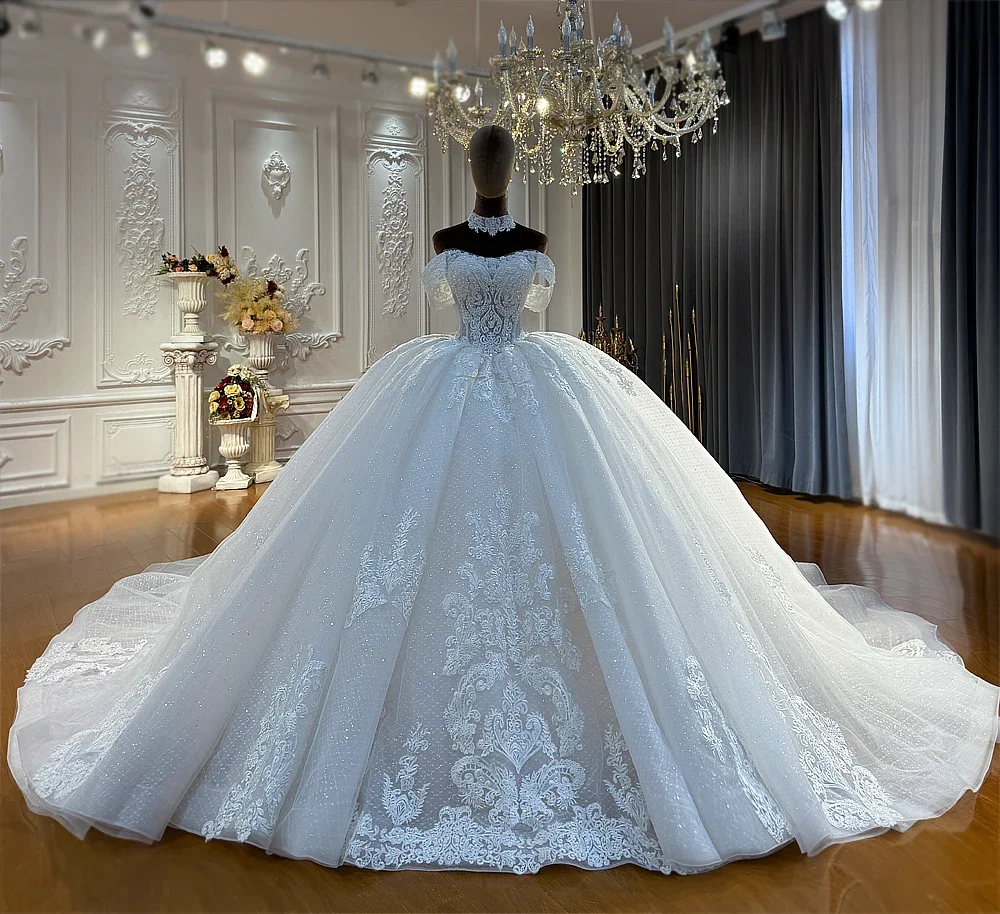 2026 Princess Wedding Dress Off Shoulder Floral Lace Sparkly Tulle Extra Long Cathedral Train Bridal Gown Vestido de Novia