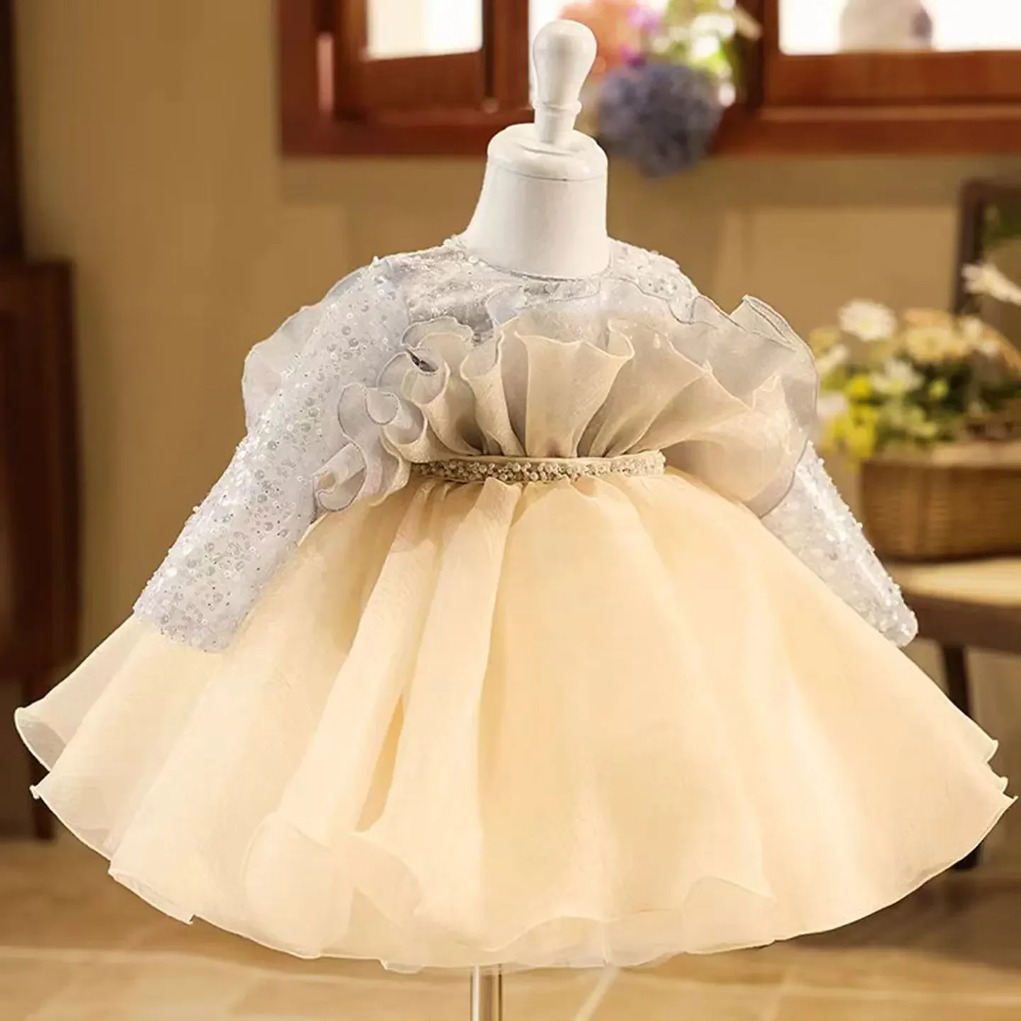 فستان فتاة شامجان رائع متدرج بأكمام طويلة للأميرة للأطفال الصغار لحفلات الزفاف وأعياد الميلاد الأولى وحفلات العطلات #2