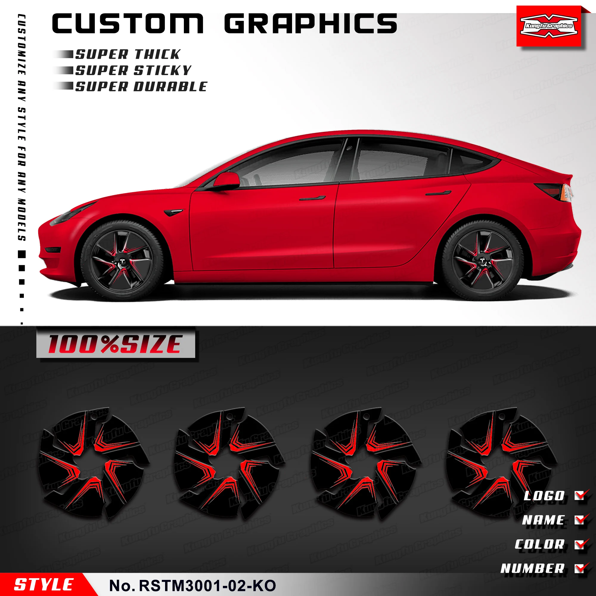 KUNGFU GRAPHICS Personalised Rim Sticker Vinyl Deco Kit for Tesla Model 3, Red Black Yellow Blue Grey Orange