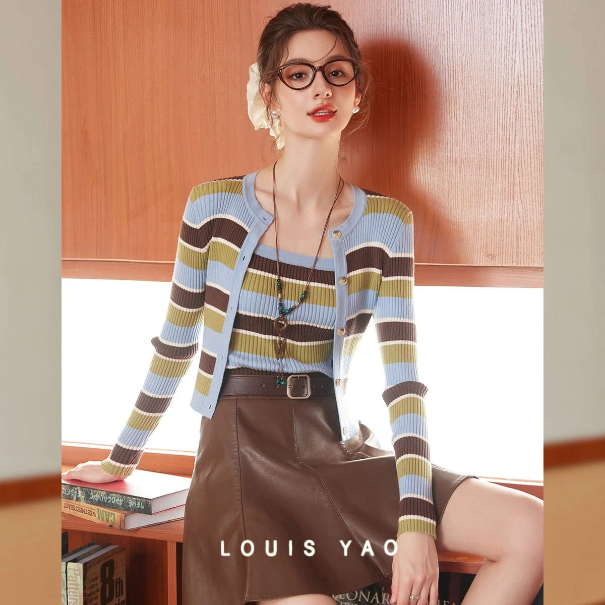 

LOUIS YAO полосатый облегающий вязаный комплект из двух предметов, осенний модный кардиган 2022, топ и вязаная бретелька, повседневные универсальные женские комплекты