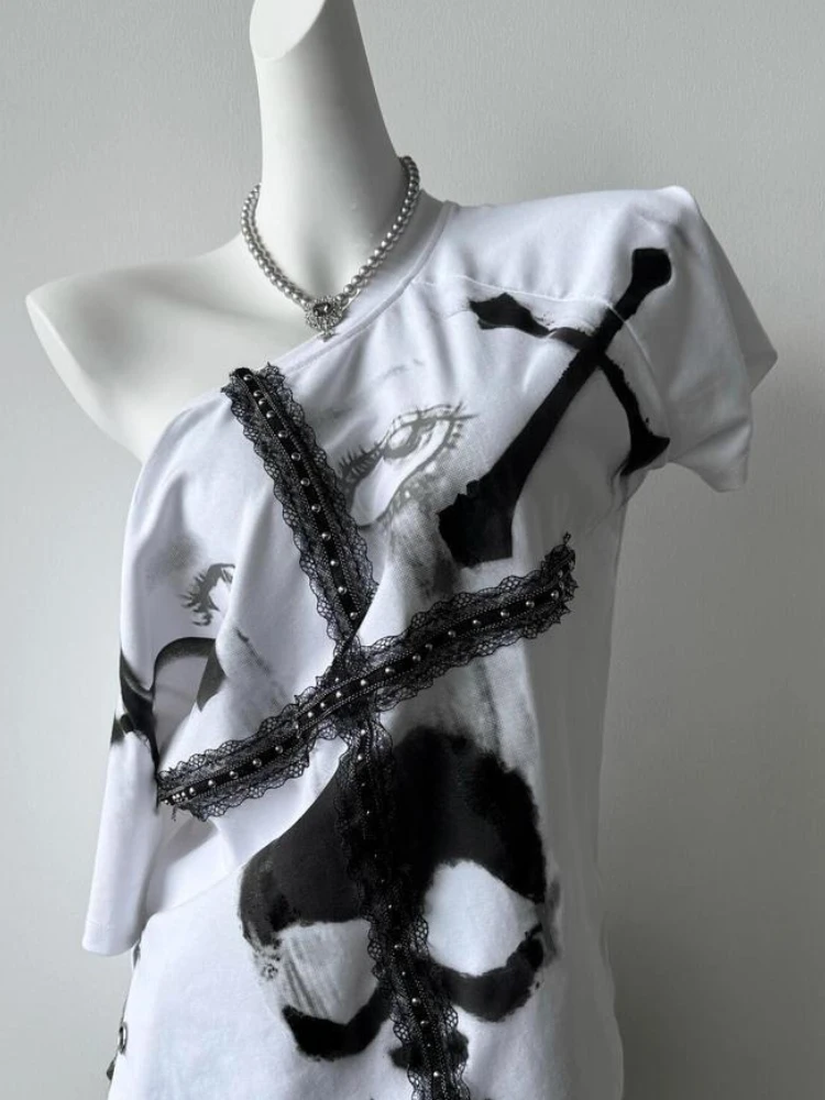 

American Vintage Short Sleeved T-shirt Summer Hot Girl Fork Design Spliced Chic Tops Y2k Lace Cross Metal Buttonhole Outfits 90s