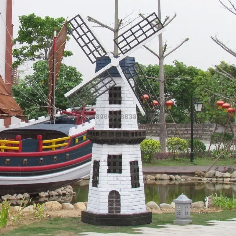TAO Large European-Style Solar Light-Controlled Lighthouse Rotating Windmill Big Decorations