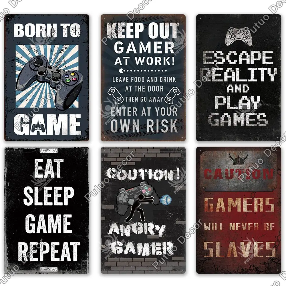 Putuo Decor Funny Gamer Metal Signs Vintage Tin Sign Gamer At Work Retro Signs for Home House Club Game Room Man Cave Wall Decor