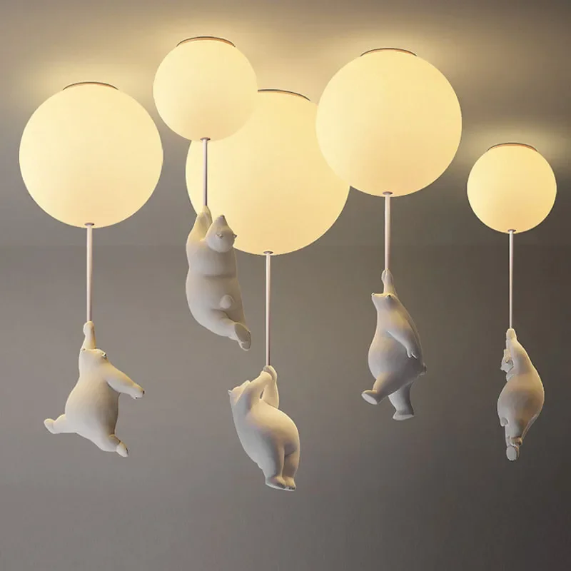 

Modern Polar Bear Pendant Chandelier Creative Mike White Glass Ball Resin Indoor Kid Children Kindergarten Hanging Led