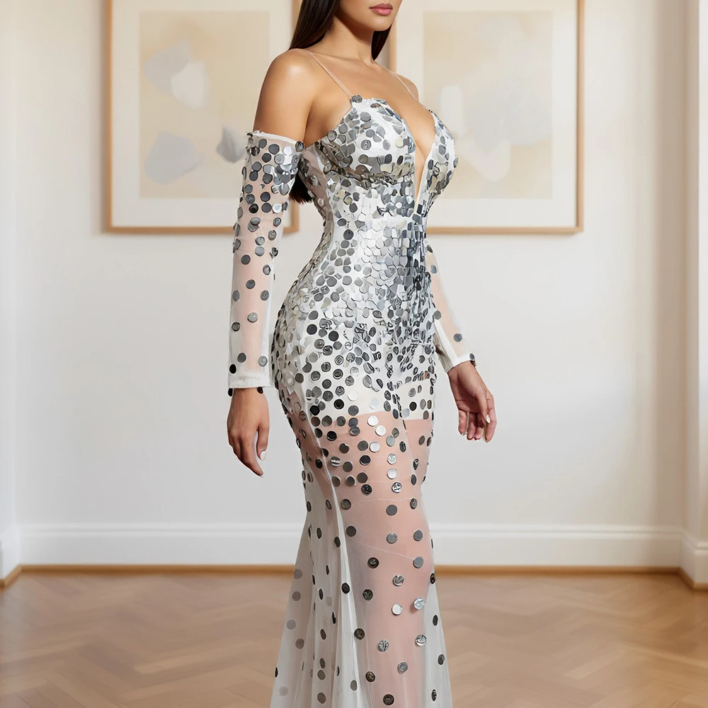 ชุดเดรสออกงานผู้หญิง ฤดูใบไม้ร่วง ฤดูหนาว 2025 เซ็กซี่ ประดับเลื่อม ผ้าตาข่ายซีทรู คอวีแบบหวาน ทรงเข้ารูป เหมาะสำหรับออกเดทและงานกลางคืน