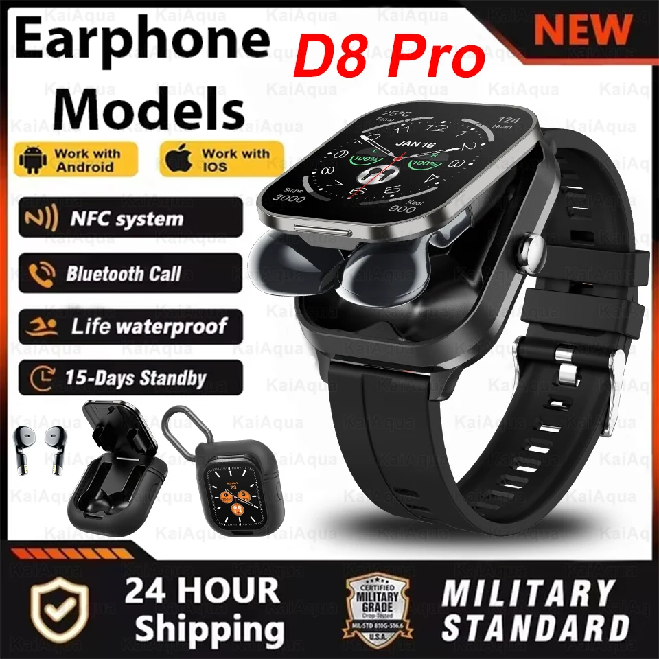 

D8 Pro Мужские умные часы с наушниками V5.3 Наушники Смарт-часы Спортивный фитнес-монитор здоровья Совместимость с iPhone Android