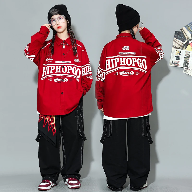 Children Jazz Modern Dance Costumes For Girls Red Coat Black Cargo Pants Streetwear Boys Hip Hop Performance Clothes DQS16699