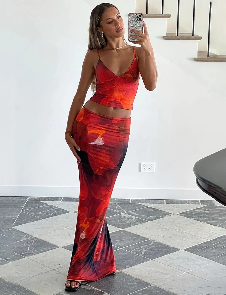 

Женский комплект из 2 предметов с принтом тай-дай, летняя мода Y2K, хипстерская элегантная майка с v-образным вырезом + макси-юбки, одинаковая уличная одежда