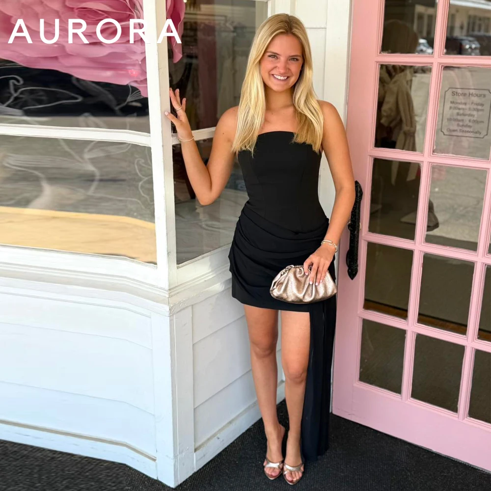 Aurora Stylish Strapless Black Elegant Vintage Corset Ruched Bodycon Side Train Cocktail Party Short Dress شارون سعيد Customized