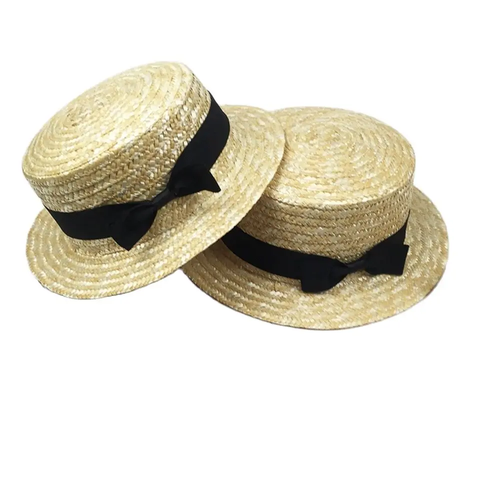 Kids girls nature sun hat Flat Bowler hat Wheat Straw hat Boy Children women casual summer beach hat bow ribbob sunscreen hats