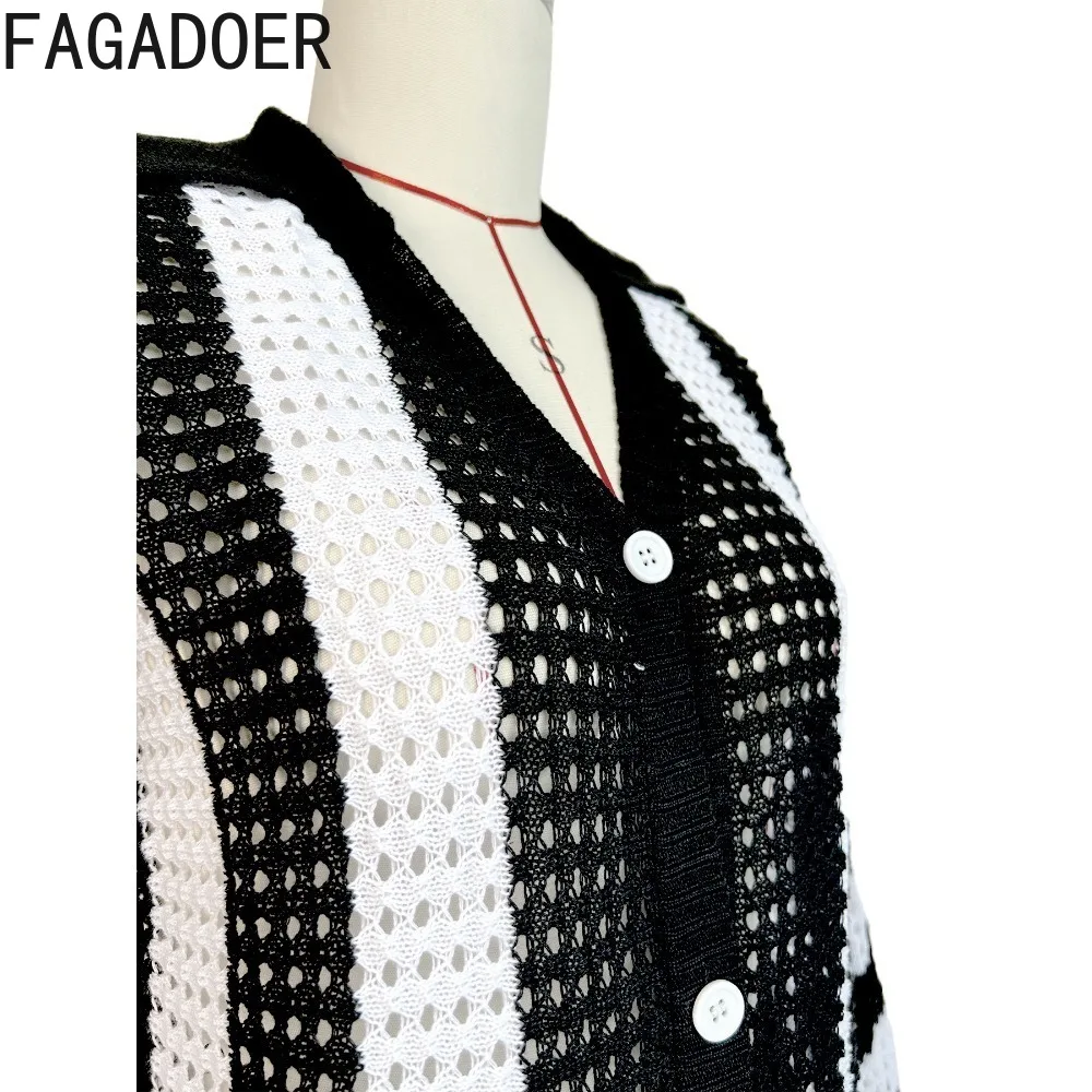 Fagadoer-黒のニット長袖トップスとパンツセット,Vネックの衣装,ファッショナブルな服,ストライプ,2個