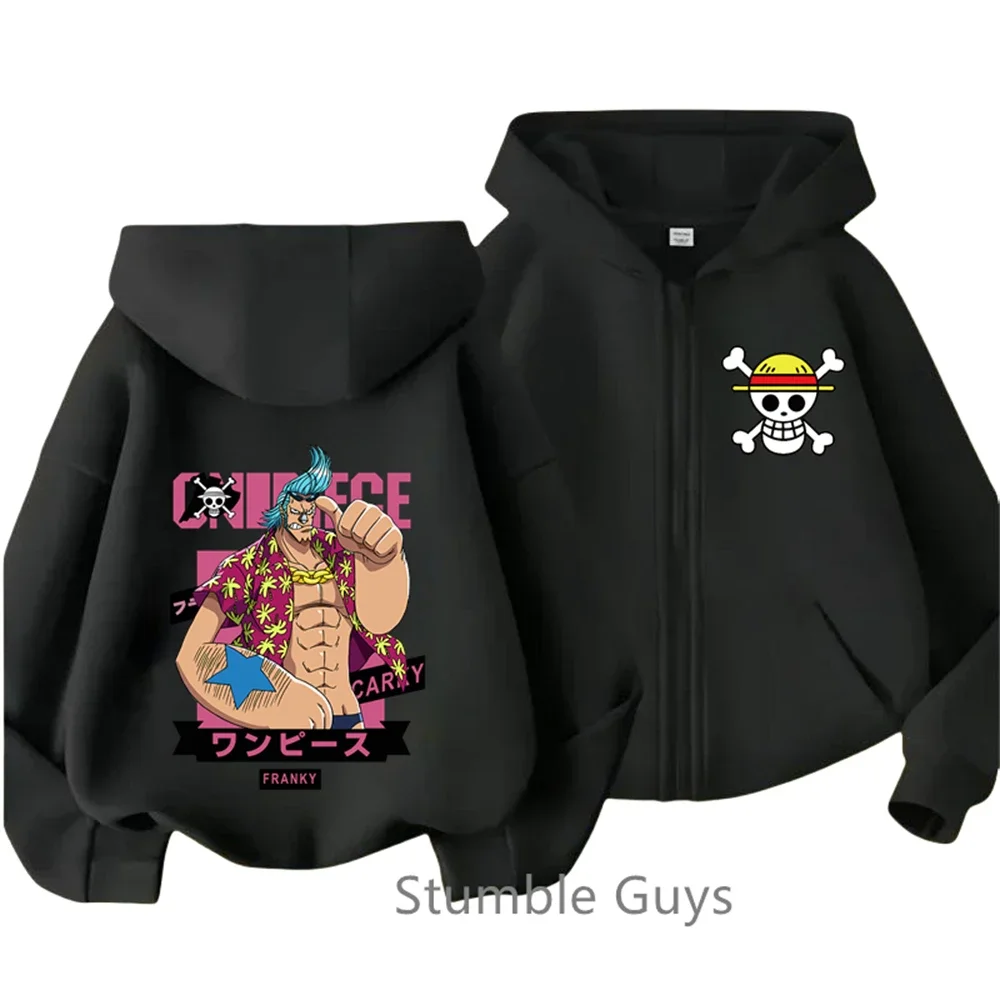 One Pieces Kids Zipper Hoodie Cartoon Printed Autumn Casual Anime Long Sleeved Hooded Zoro Sweatshirt Top Boys Clothes Girls