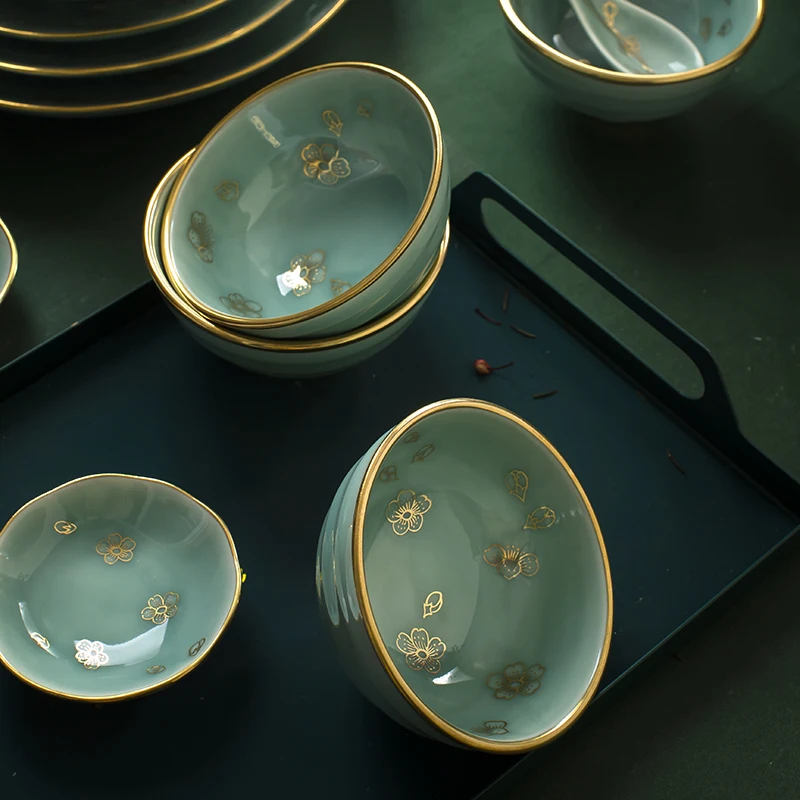 Longquan celadon bowls, plates, gold edged high-end bowls