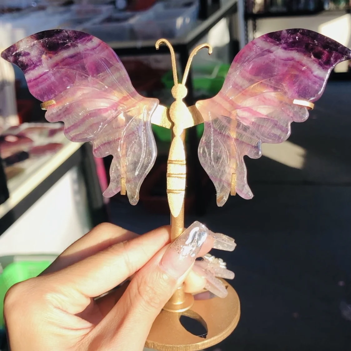 6-8cm 1 Set Natural Candy Fluorite Butterfly Wings One Pair Colorful Striped Rainbow Quartz Healing Carving Home Decoration