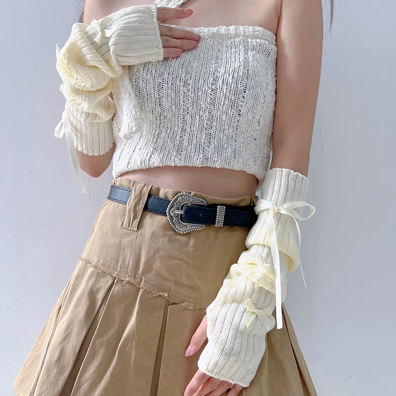 

Cute Lolita bow knitted hand sleeves leaking fingers gloves girls hot girl sleeves sweet arm cover