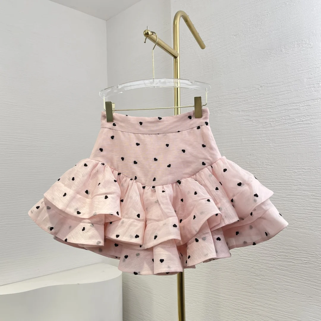 

Pink Ruffles Lantern Sleeve Heart-shaped Black Polka Dots Print Bow Linen Silk Blouse and Mini Cake Skirt Set 2025 New