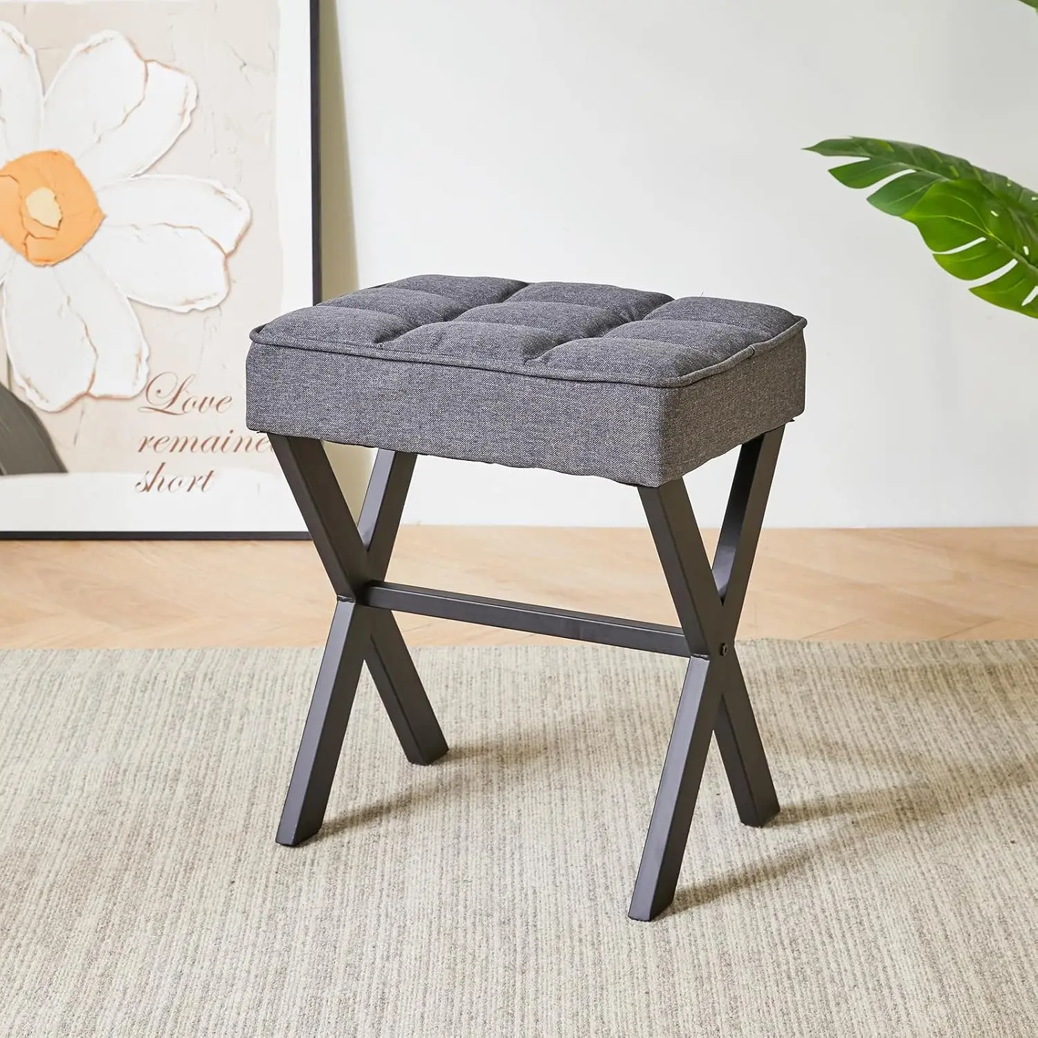 Square Makeup Stool X-Leg Foot Rest Linen Ottoman Seat Vanity Stool Small Side Table Multi-Use