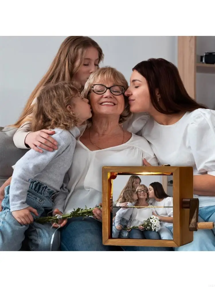 Personalizing Flipbook Photo Viewer 16 Photo Capacity Manual Crank Mechanism Vintage Wood Picture Frame Photo Album Gift