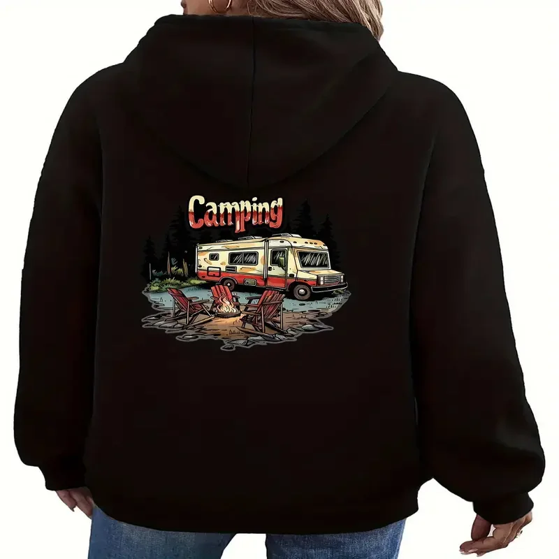 

Винтажная уютная толстовка с капюшоном на тему кемпинга, повседневная толстовка с карманом кенгуру, красный и белый дизайн, идеально подходит для кемпинга, развлечений