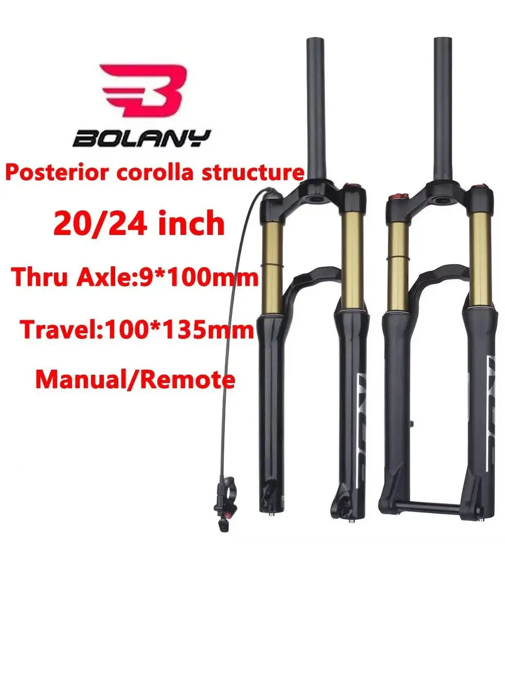 BOLANY VTT fourche pneumatique 20/24 pouces épaule/verrouillage à distance dégagement rapide/essieu traversant PM frein à disque amortisseur en aluminium