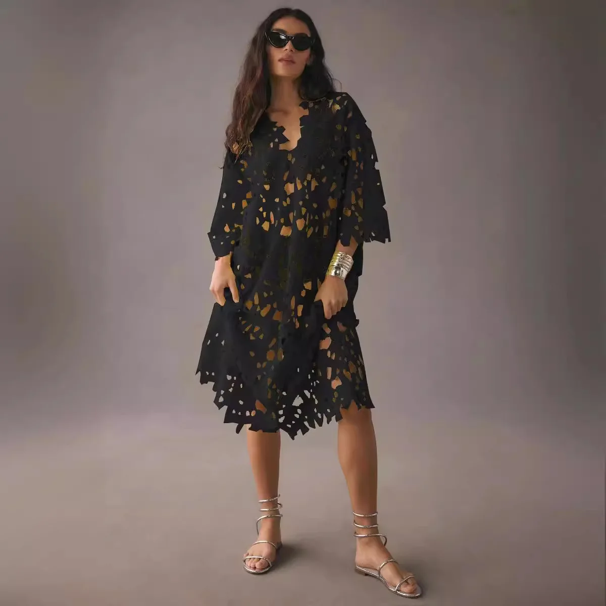 

2025 Summer Hollow Spliced ​​Lace Women Dress White Solid Color Long Sleeve Elegant Dress Women Bikini Solid Color Blouse Women