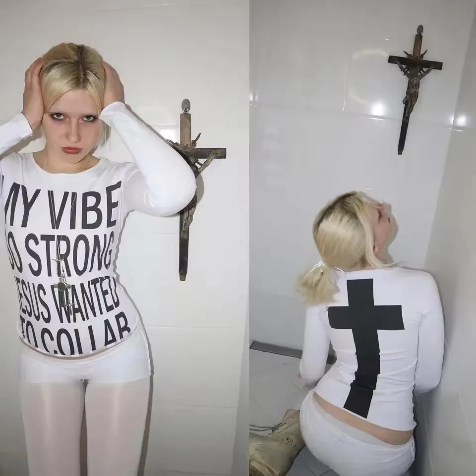 2000s Y2k subculture cross print set women's round neck slim fit Slim T-shirt Spring Goth Hot Girl High Street Unisex T-shirt