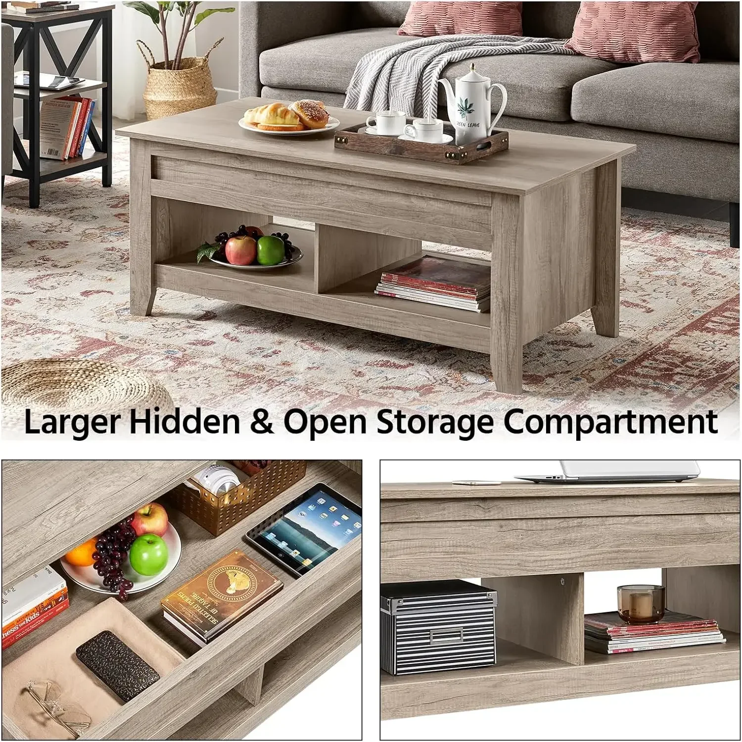 Lift Top Coffee Table with Hidden Storage Compartment & Lower Shelf, Lift Tabletop Farmhouse Table for Living Room Office