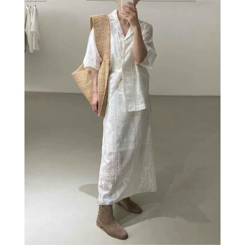 Korean Style Versatile Small Batch Hook Embroidery Single Button High Waist Midi Skirt Set Casual Fashion Ensemble for Women