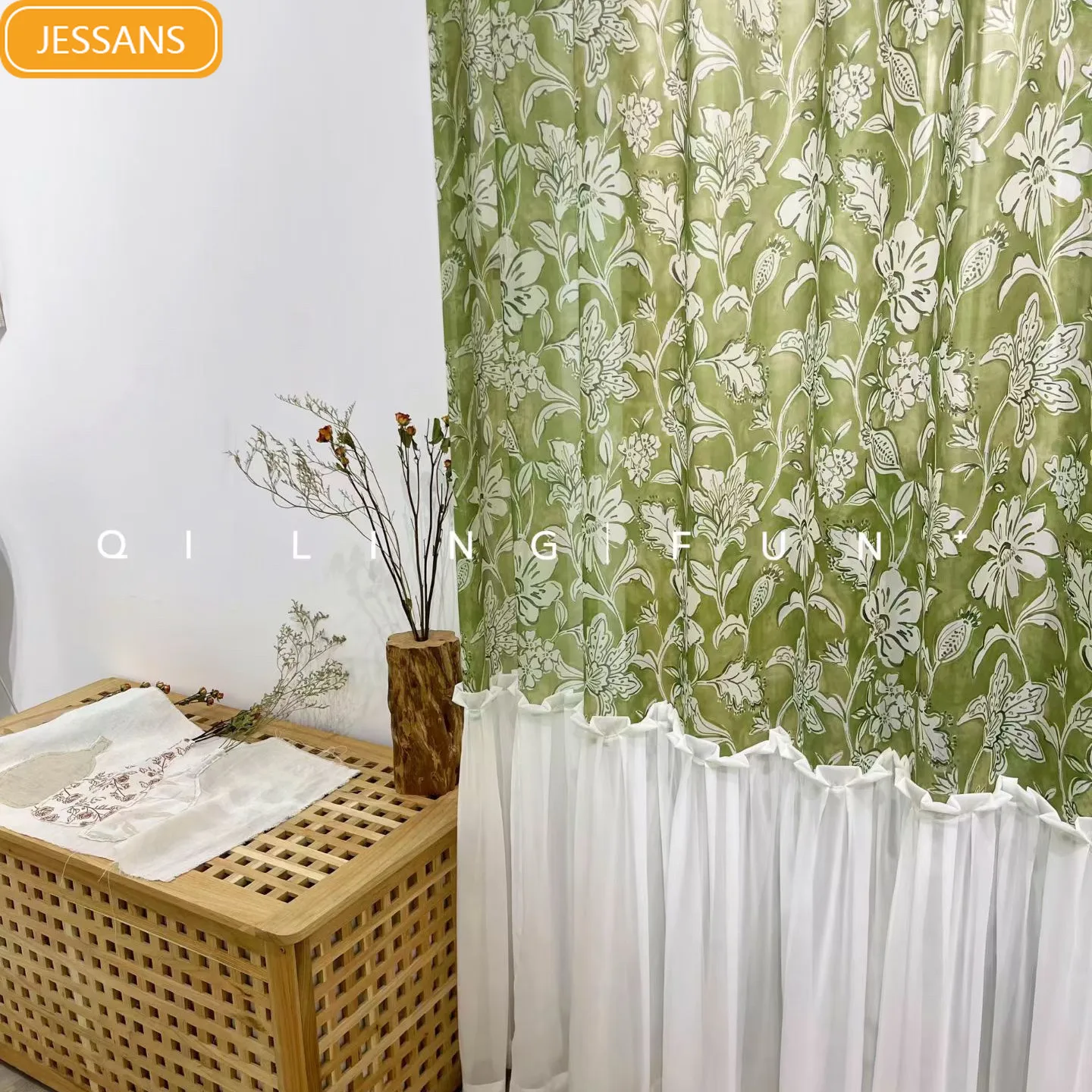French Retro Oil Painting Style Green Printed Curtains Gauze Curtains for Balcony Living Room Bedroom Bay Window Customization