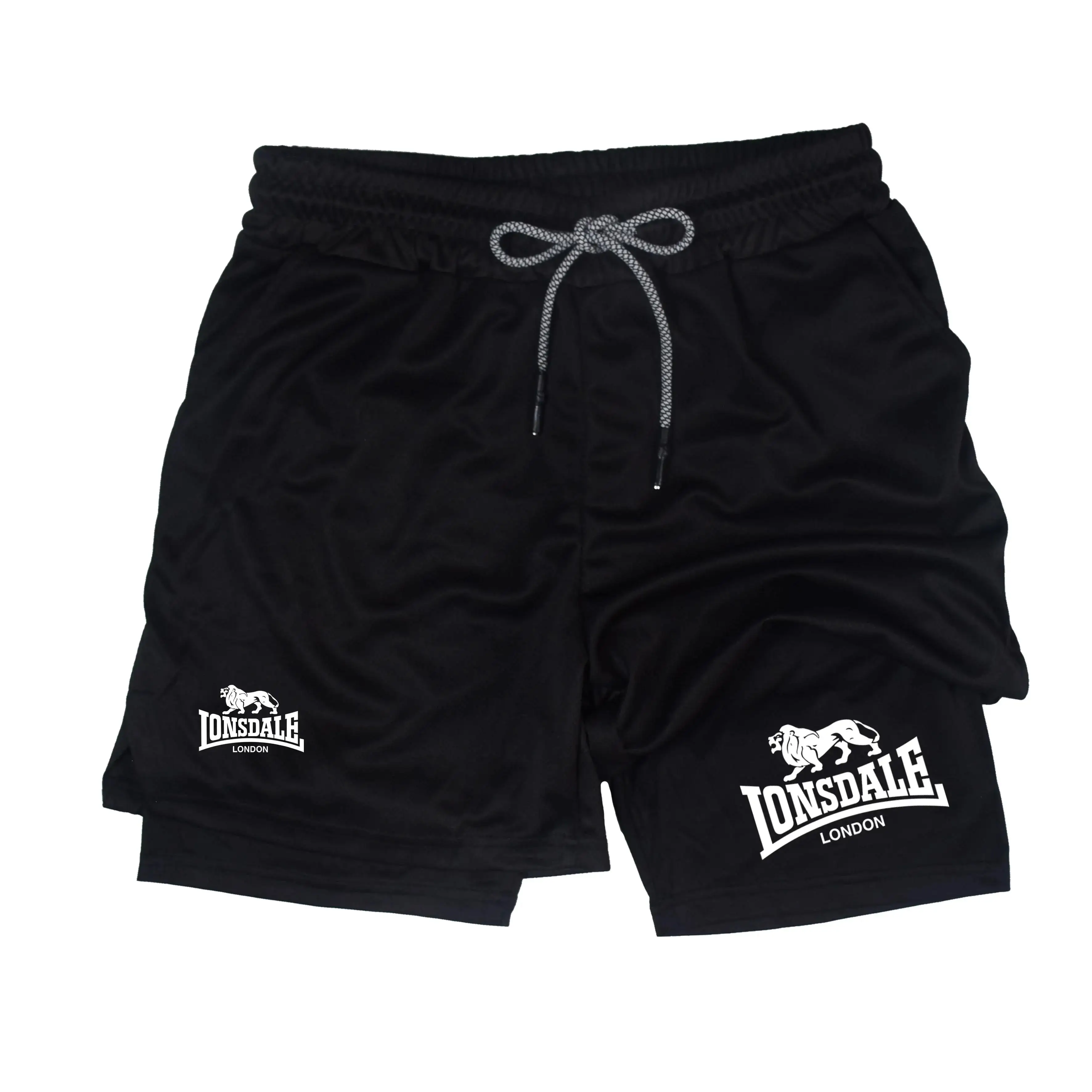 2 in 1 Running Shorts Men Workout Lonsdale Compression with Phone Pocket Towel Loop Summer Sport Athletic Activewear