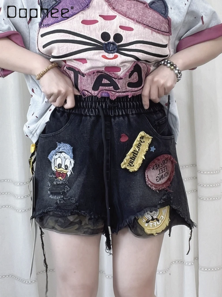 

European Cartoon Embroidered Casual Shorts 2025 Summer New Washed Cotton Elastic Waist Wide Leg Patch Hot Pants Shorts Women