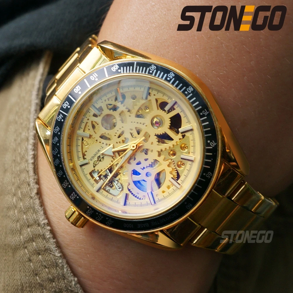 Automatic Mechanical Watch, Skeleton Dress Hands Watch, Self-Winding Manual Winding Water Resistant Gold Plated